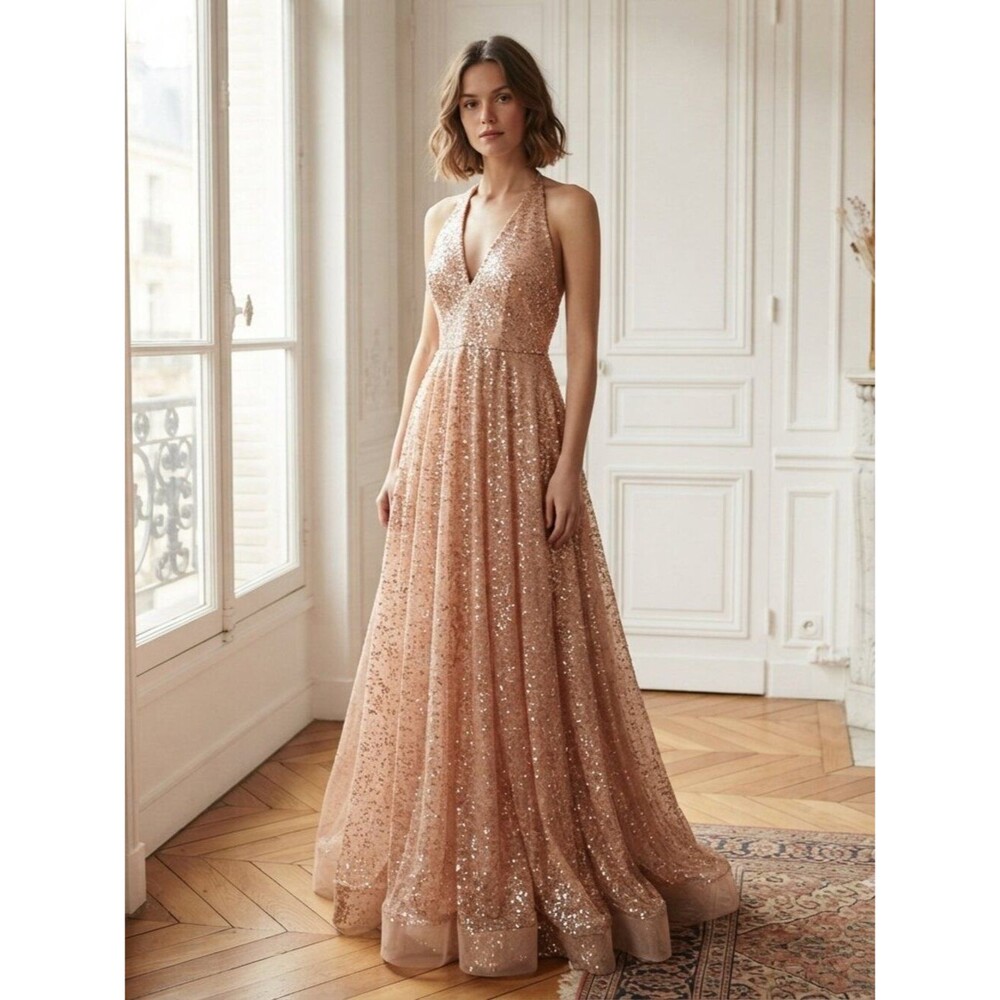 NWT Goddiva Gold Sequin Halter Formal Gown | Size 4